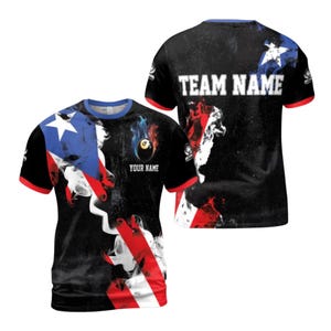 Anpassad biljard-t-shirt med amerikansk flaggdesign och personligt lagnamn för biljardspelare