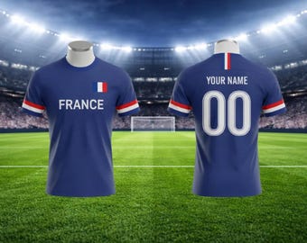Camiseta de fútbol de Francia personalizada con nombre y número / Camiseta de fútbol con degradado azul y negro / Regalo personalizado