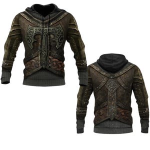 Wikinger Rüstung Hoodie, Mittelalterlicher Krieger All Over Print Pullover, Nordische Axt Kettenhemd Fantasy Cosplay