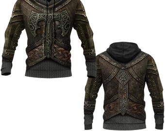 Viking Armor Hoodie, Medieval Warrior All Over Print Pullover, Norse Axe Chainmail Fantasy Cosplay
