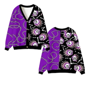 Goth Split Skull Strickjacke Pullover, Lila Kette Stacheldraht, Punk Flaming Skulls Stricken