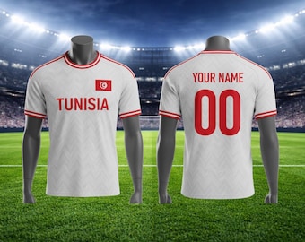 Personalisierte Tunesien Fußball Trikot, Name & Nummer, rot / weißes Fan Shirt, Unisex Fußball Top Geschenk