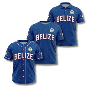 May include: Three blue shirts with the word "BELIZE" in white block letters. The shirts include a baseball jersey, a crew neck t-shirt, and a polo shirt. Each shirt has a circular emblem and a Belize flag.
