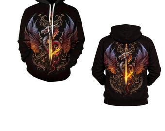 Fire Dragon Sword Hoodie, Fantasy Dragon Graphic Unisex Sweatshirt, Dark Medieval Gamer Streetwear
