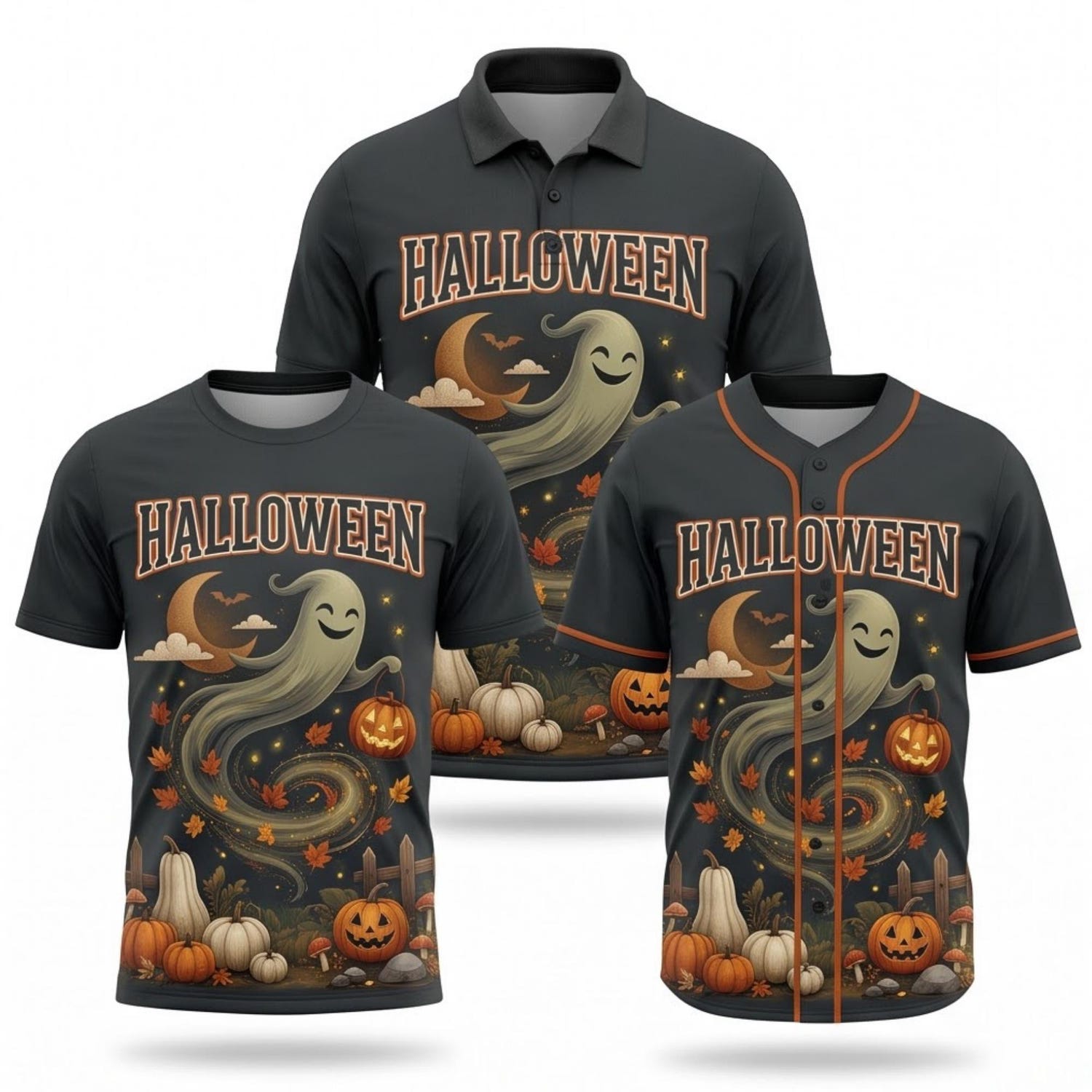 Halloween Happy Ghost Shirt Set of 3, T Shirt Baseball Jersey and Polo