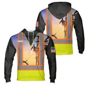 Custom Lineman Hoodie Personalized Name USA Flag Sunset Electric Tower Workwear Gift