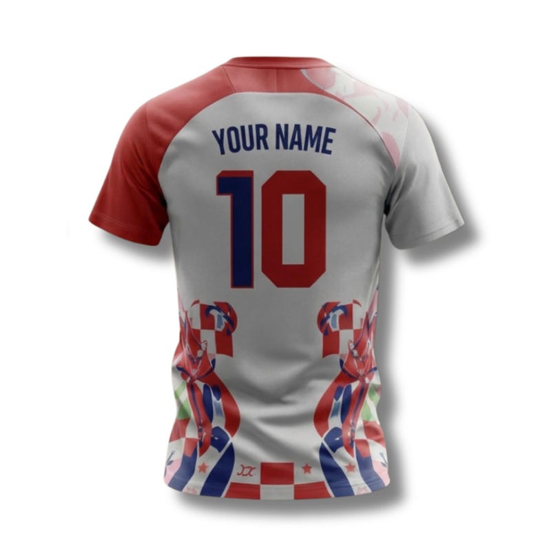 May include: A white and grey football shirt with red sleeves and trim. The number 10 is in blue and red, with "YOUR NAME" above. The shirt has Croatian flag designs on the lower part.