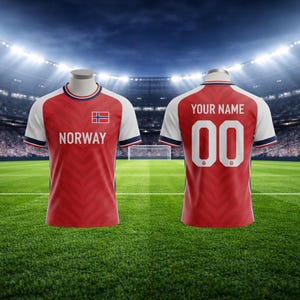 May include: Red and white Norway soccer jersey with the word "NORWAY" and the Norwegian flag on the front. The back of the jersey has the text "YOUR NAME" and the number "00". The jersey is displayed on a mannequin.