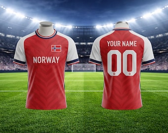 Camiseta de fútbol de Noruega personalizada, con nombre y número personalizados, kit para aficionados de Noruega en rojo, negro y degradado, camiseta unisex para aficionados.