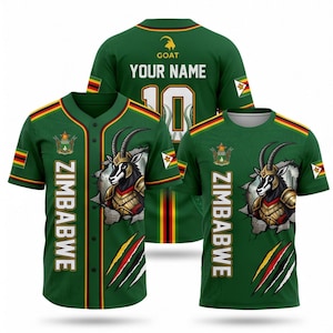 May include: Three green baseball jerseys and t-shirts with the word "ZIMBABWE" in white. Each shirt features a stylized goat graphic, the Zimbabwe flag, and the text "YOUR NAME" and the number "10" on the back.