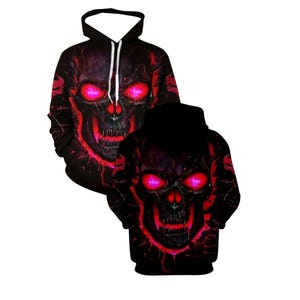 Glowing Red Skull Hoodie 3D Neon Eyes Horror Graphic Unisex Streetwear Pullover