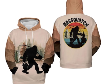Funny Bassquatch Fishing Hoodie: Bigfoot Retro Outdoors Pullover
