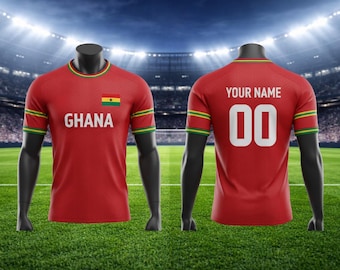 Maglia da calcio personalizzata del Ghana, maglia da calcio con nome e numero personalizzati, kit per tifosi con sfumature rosso-nere, maglia da tifoso unisex