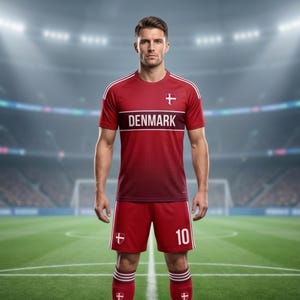 以下が含まれることがあります： 肩に白いストライプが入った赤いサッカーユニフォームで、胸にはDENMARKの文字がプリントされています。ユニフォームにはデンマーク国旗の小さなエンブレムが付いています。背番号10が入った赤いショートパンツと、白いストライプが入った赤いソックスを着用しています。