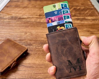 Gepersonaliseerde leren kaartportemonnee, op maat gegraveerde minimalistische kaarthouder, slanke RFID-portemonnee, cadeaus voor hem, Vaderdagcadeau, relatiegeschenk