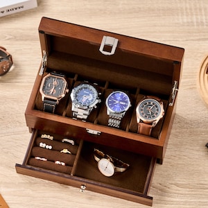 Custom Watch Organizer, Wooden Watch Box for 4 Watches, Personalized Storage Case with Jewelry Drawer, Father's Day Gift, Unique Gift
