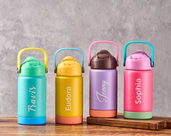 Personalized Kids Water Bottle with Name, Custom Engraved Gift for Boys & Girls, 12 oz Stainless Steel Tumbler for School, Camp or Sports