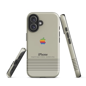 May include: A light beige iPhone case with a retro rainbow apple logo and the word "iPhone" printed below. The case has a gray striped design at the bottom and is shown from multiple angles.