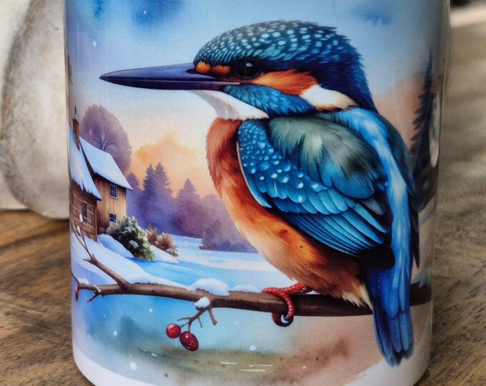 Featured listing image: kingfisher in winter landscape on ceramic cup, mug.