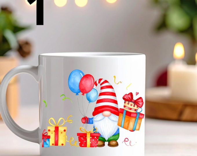 Featured listing image: Gnome birthday ceramic mug/cup with balloons and presents. Fully printed or personalized. Choose from various options.
