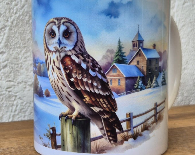 Featured listing image: A short-eared owl in a winter landscape on a ceramic mug. Fully printed mug.