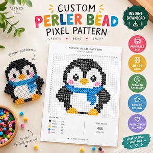 May include: A custom perler bead pixel pattern featuring a penguin design on a 29x29 grid. The document includes a color key, a total bead count of 488, and text reading Custom Perler Bead Pixel Pattern, Create Bead Enjoy, and Airnex Studio.