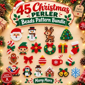 May include: A digital download bundle featuring 45 Christmas Perler bead patterns. The collection includes pixel art designs of Santa, snowmen, reindeer, a Christmas tree, candy canes, an elf, poinsettia, wreath, gift, stocking, gingerbread man, bow, ornament, mug, candle, sleigh, penguin, house, bells, and a snowflake.