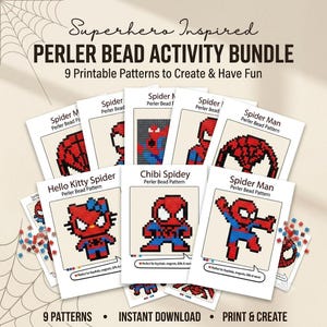 Könnte beinhalten: Ein von Superhelden inspiriertes Bügelperlen-Aktivitätsset mit 9 druckbaren Vorlagen. Die Sammlung enthält Pixel-Art-Designs einer Spinnenfigur und einer Katzenfigur in Rot und Blau, ergänzt durch verstreute, lose Bügelperlen auf dem Bild.
