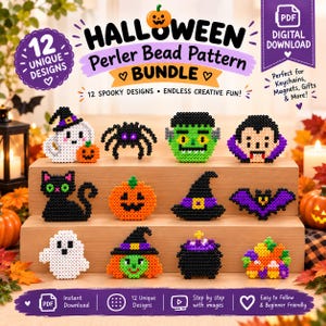 Könnte beinhalten: Ein digitales Set mit 12 Halloween-Bügelperlenmustern, bestehend aus pixeligen Motiven wie Geist, Spinne, Frankenstein, Vampir, Katze, Kürbis, Hexenhut, Fledermaus, Kessel und Zuckermais, inklusive erklärender Textgrafiken.