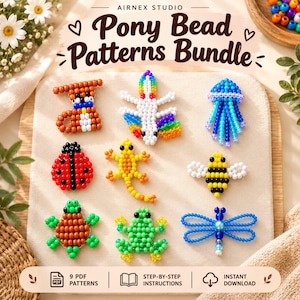 May include: A collection of nine pony bead patterns featuring a brown dog, a rainbow axolotl, a blue jellyfish, a red ladybug, a yellow lizard, a yellow and black bee, a brown turtle, a green frog, and a blue dragonfly. Text reads Airnex Studio Pony Bead Patterns Bundle.