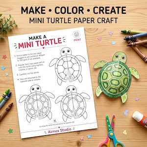 Può includere: Un foglio di carta stampabile per lavoretti intitolato MAKE A MINI TURTLE con istruzioni e modelli di tartarughe in bianco e nero. Accanto al foglio c'è una tartaruga di carta finita e colorata di verde, pastelli, forbici e colla stick.