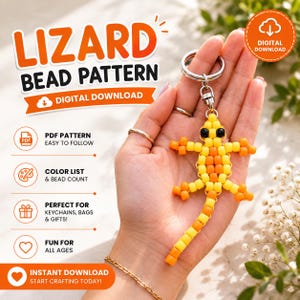 Modèle PDF de lézard en perles | Gecko en perles à imprimer | Tutoriel porte-clés kawaii | Téléchargement instantané