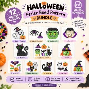 May include: A digital download bundle featuring 12 Halloween Perler bead patterns. The graphic displays 12 distinct pixel art designs including a ghost, spider, Frankenstein, vampire, black cat, witch, and various pumpkins, bats, and candy icons.