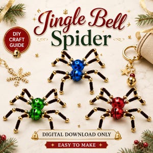 Op de afbeelding: Drie decoratieve spinnenornamenten gemaakt van bellen en kralen. De spinnen zijn in blauw, groen en rood, met goudkleurige poten en accenten. De afbeelding bevat de tekst "Jingle Bell Spider" en "Digital Download Only."