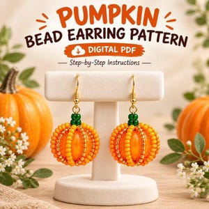 Kit de Brincos de Abóbora 3D com Miçangas em PDF, Faça Você Mesmo: Joias de Halloween com Miçangas, Artesanato de Outono - Download Digital