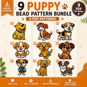 9 Dog Perler Beads Pattern PDF | Puppy Fuse Bead Bundle, Kawaii Pixel Art, Keychain Charm Template Digital Download
