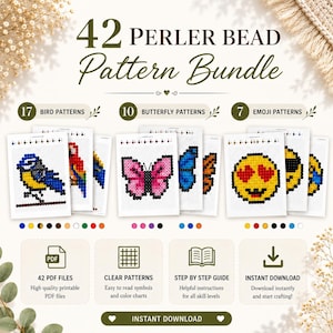 May include: A digital bundle of 42 Perler bead patterns featuring 17 bird designs, 10 butterfly designs, and 7 emoji designs. The set includes high-quality printable PDF files, clear patterns with color charts, and a step-by-step guide for crafting.