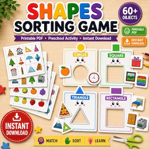May include: A printable shapes sorting game featuring four white cards with cutouts for circle, square, triangle, and rectangle shapes. Includes multiple sheets of small object cards like fruit, furniture, and food, plus text labels and icons for instant download.