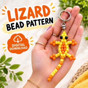 May include: A lizard-shaped keychain made of yellow and orange plastic beads with black bead eyes, attached to a silver metal split ring. The image includes the text LIZARD BEAD PATTERN and DIGITAL DOWNLOAD in orange and black lettering.