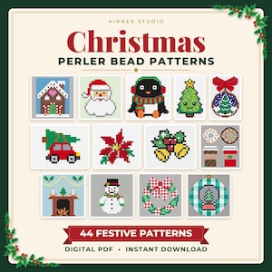 Kawaii Christmas Perler Bead Patterns Bundle, 45 Holiday Designs, Fuse Bead Pixel Art, Gingerbread Santa Snowman, PDF Digital Download