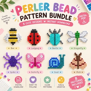 May include: A digital Perler bead pattern bundle featuring 8 insect designs: a bee, ladybug, beetle, dragonfly, spider, butterfly, snail, and moth. The image includes the text 'PERLER BEAD PATTERN BUNDLE', '8 CUTE DESIGNS', and 'INSTANT DOWNLOAD'.