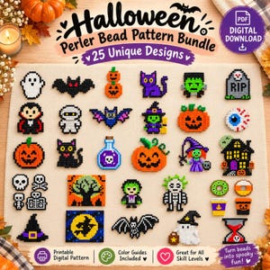 May include: A digital download bundle of 25 Halloween Perler bead patterns featuring pixelated designs of ghosts, bats, pumpkins, cats, witches, skulls, and monsters. The collection includes colorful, grid-based templates for crafting.