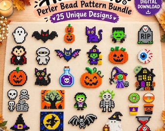 Op de afbeelding: Een digitaal downloadpakket met 25 Halloween strijkkraalpatronen, met pixelontwerpen van spoken, vleermuizen, pompoenen, katten, heksen, schedels en monsters. De collectie bevat kleurrijke, op rasters gebaseerde sjablonen.