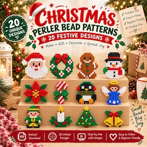 May include: A digital collection of 20 Christmas Perler bead patterns featuring festive designs like Santa, a wreath, gingerbread person, snowman, poinsettia, candy cane, penguin, angel, elf, candle, tree, and bells with text labels.