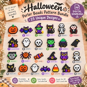 May include: A digital download bundle featuring 25 Halloween-themed Perler bead patterns. The image displays a grid of colorful pixel art designs including a pumpkin, bat, witch, cat, skeleton, vampire, haunted house, ghost, skull, monster, and candy.