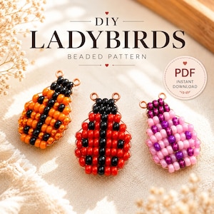 Könnte beinhalten: Drei perlenbesetzte Marienkäfer-Muster in Orange, Rot und Pink. Der Text lautet DIY LADYBIRDS BEADED PATTERN und PDF INSTANT DOWNLOAD. Jeder Marienkäfer besteht aus kleinen Perlen und hat zwei kleine Ösen an der Oberseite zum Aufhängen.