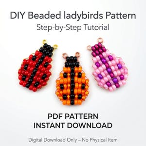 Puede incluir: Tres patrones de mariquitas con cuentas en rojo y negro, naranja y negro, y rosa y morado. La imagen incluye el texto "DIY Beaded ladybirds Pattern Step-by-Step Tutorial PDF PATTERN INSTANT DOWNLOAD Digital Download Only - No Physical Item."
