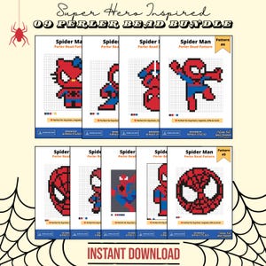 Puede incluir: Un paquete digital de nueve patrones de cuentas Perler inspirados en superhéroes con diseños de arte de píxeles de un personaje rojo y azul en varias poses y un icono de máscara. Cada página incluye un diseño de cuadrícula y una clave de color.