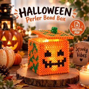 May include: A square box constructed from orange, green, and black perler beads, featuring a jack-o'-lantern face on the front and a matching lid. The text HALLOWEEN Perler Bead Box is visible above, with a circular icon labeled DIGITAL PDF.