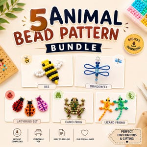 May include: A digital download bundle featuring 5 animal bead patterns including a bee, dragonfly, ladybug set, camo frog, and lizard friend. The image displays the finished beaded designs with text labels for each, plus icons for instant download.